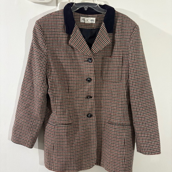 Vtg Norton McNaughton Womens 16 Black White Red Houndstooth Blazer Jacket Velvet - Picture 1 of 11